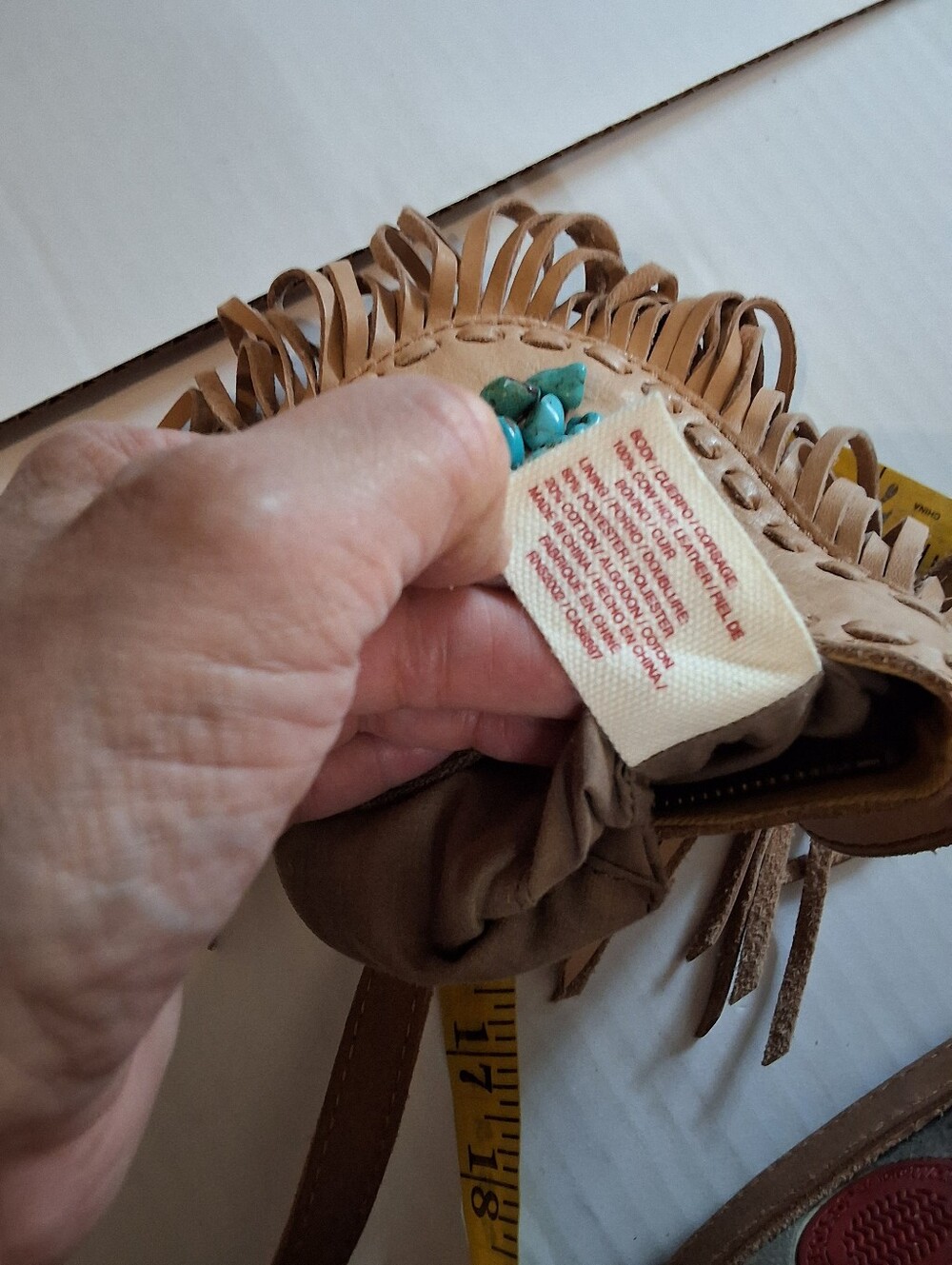 Lucky Brand Tan Leather Fringe Crossbody Bag Turquoise Boho Southwestern Purse - Picture 10 of 13